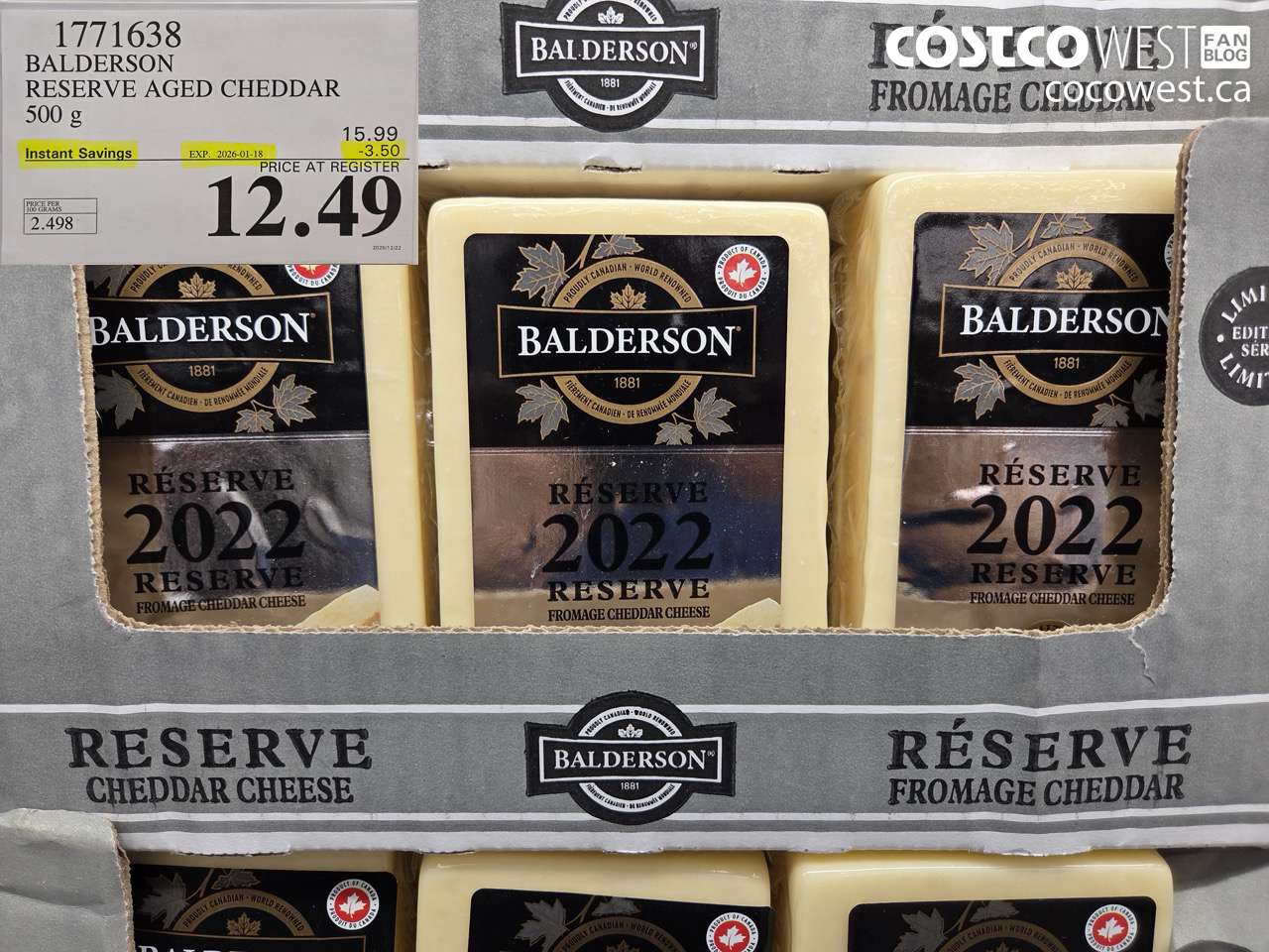 1771638 BALDERSON RESERVE AGED CHEDDAR 500 G ($3.50 INSTANT SAVINGS EXPIRES ON 2026-01-18) $12.49