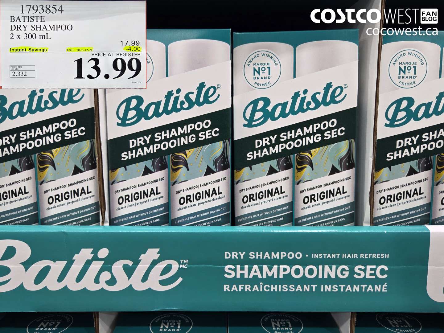 1793854 BATISTE DRY SHAMPOO 2 X 300ML ($4.00 INSTANT SAVINGS EXPIRES ON 2025-12-21) $13.99