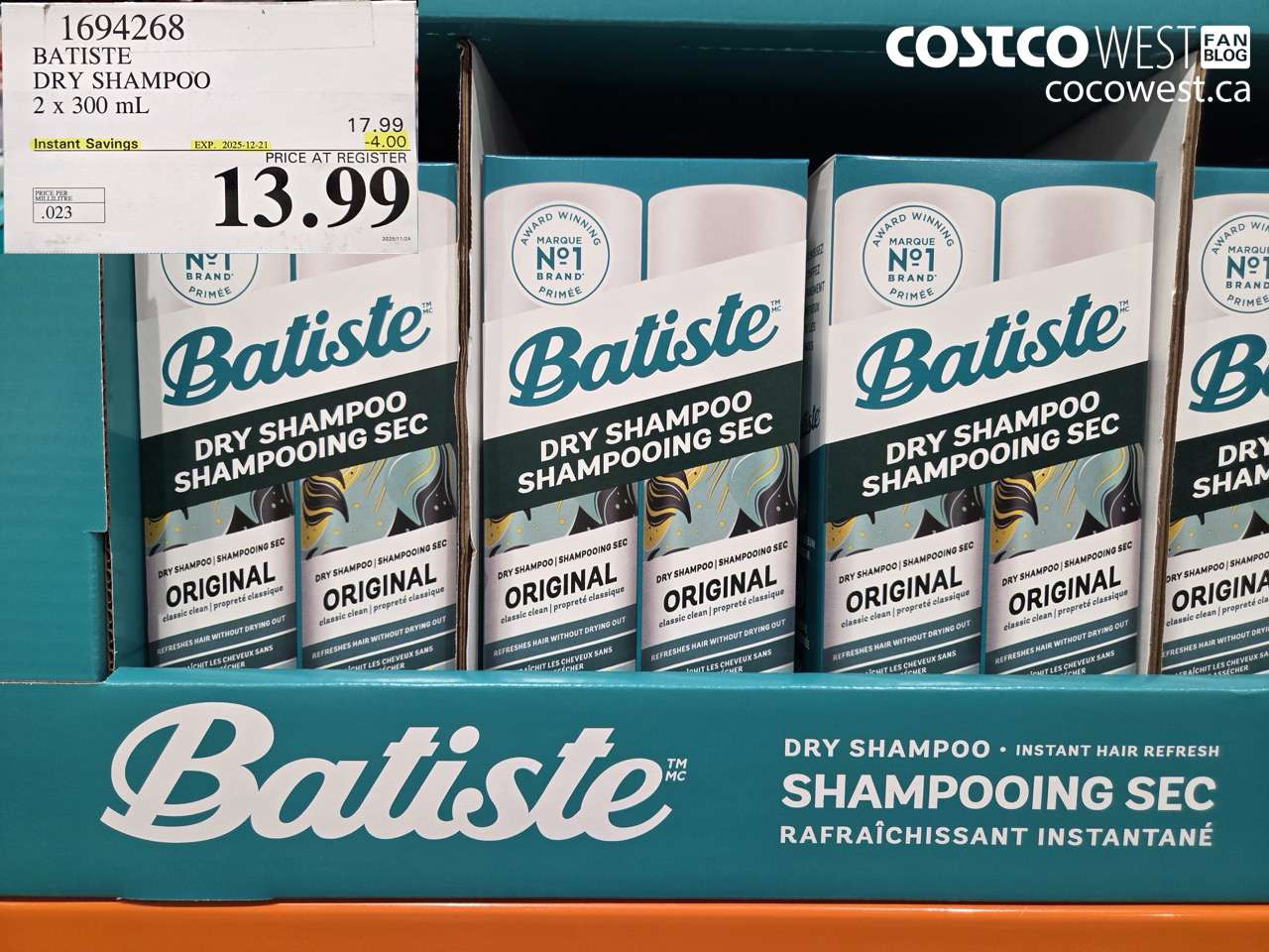 1694268 BATISTE DRY SHAMPOO 2 X 300 ML ($4.00 INSTANT SAVINGS EXPIRES ON 2024-12-21) $13.99