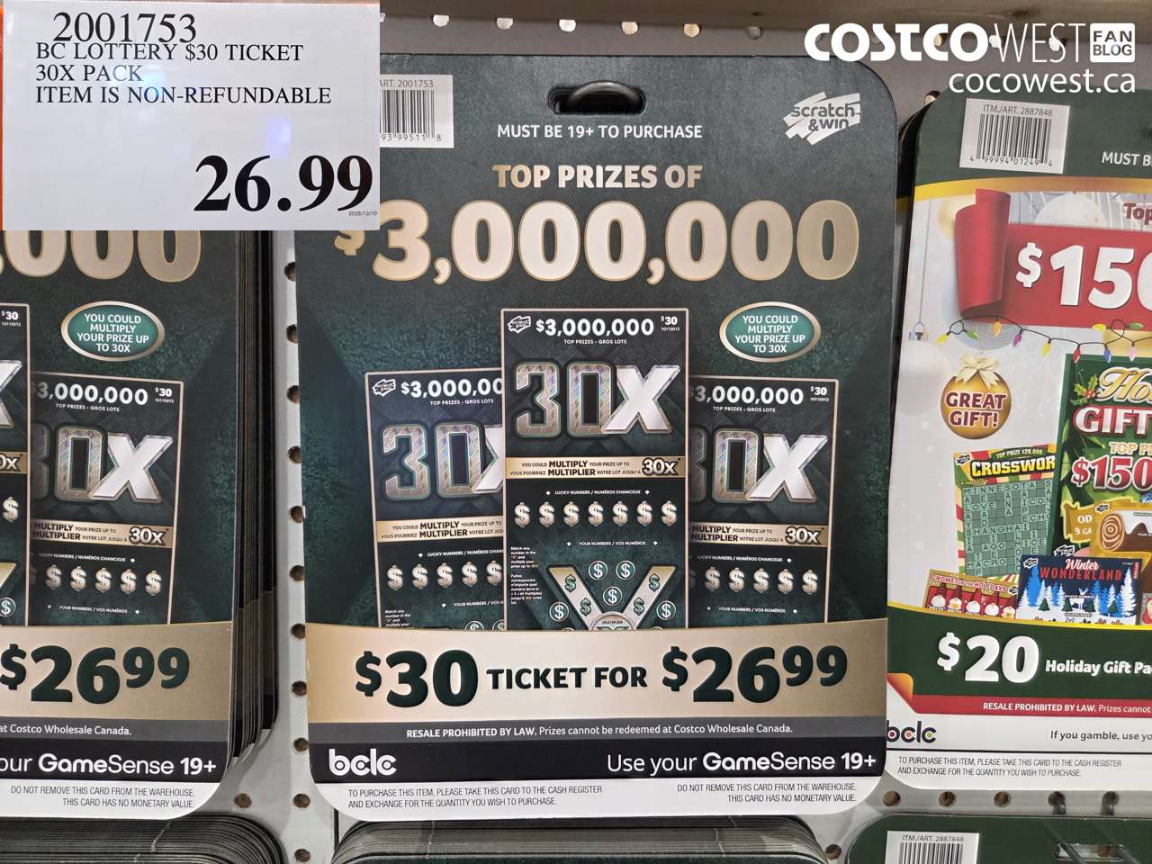 2001753 BC LOTTERY $30 TICKET 30X PACK ITEM IS NON-REFUNDABLE $26.99