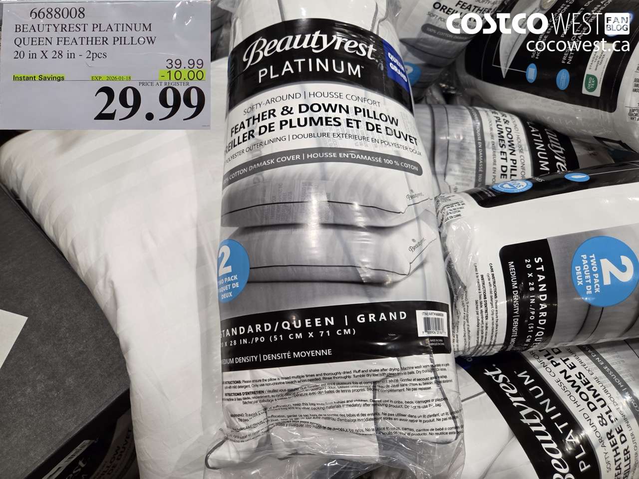 6688008 BEAUTYREST PLATINUM QUEEN FEATHER PILLOW 20 IN X 28 IN 2PC ($10.00 INSTANT SAVINGS EXPIRES ON 2026-01-18) $29.99