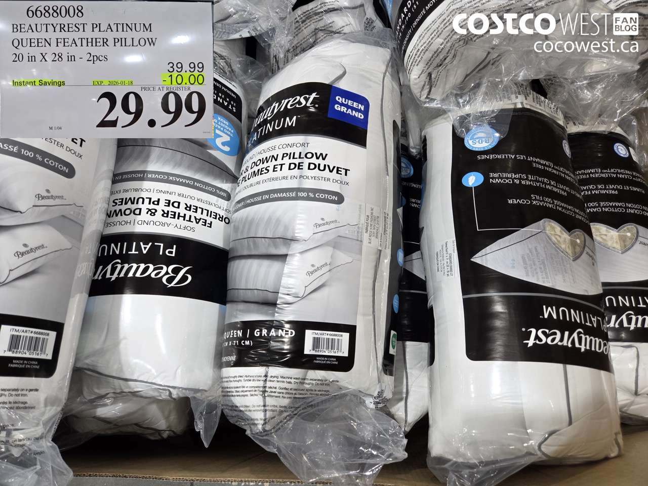 6688008 BEAUTYREST PLATINUM QUEEN FEATHER PILLOW 20 IN X 28 IN 2PC ($10.00 INSTANT SAVINGS EXPIRES ON 2026-01-18) $29.99