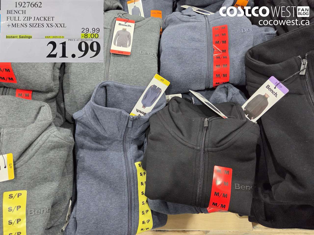 1927662 BENCH FULL ZIP JACKET MENS SIZES XS-XXL ($8.00 INSTANT SAVINGS EXPIRES ON 2025-12-21) $21.99