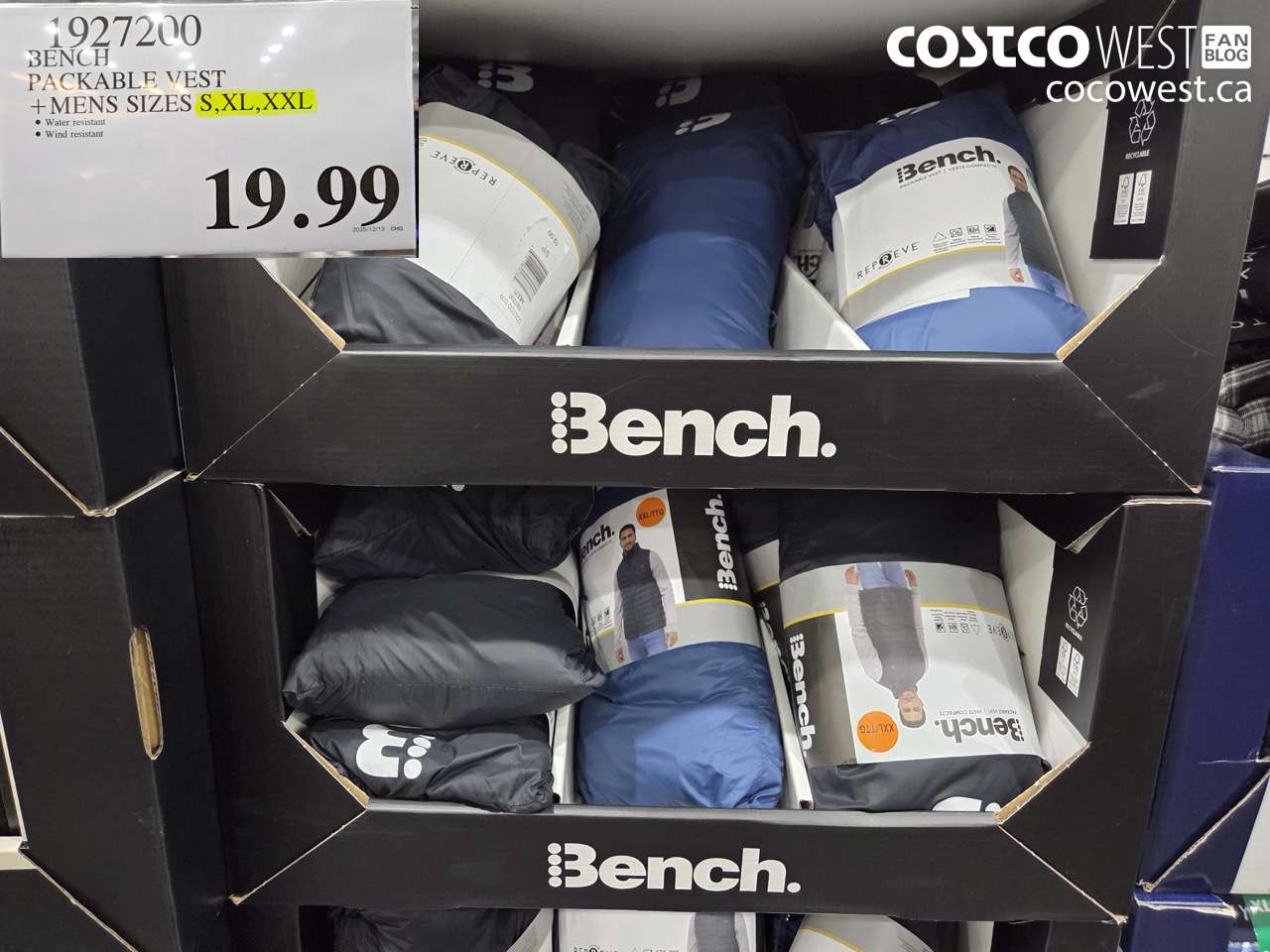 1927200 BENCH PACKABLE VEST MENS SIZES S, XL, XXL $19.99