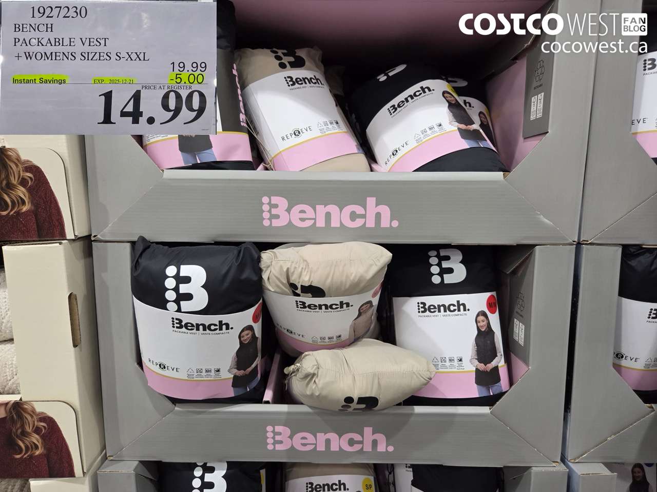 1927230 BENCH PACKABLE VEST WOMENS SIZES S-XXL ($5.00 INSTANT SAVINGS EXPIRES ON 2025-12-21) $14.99