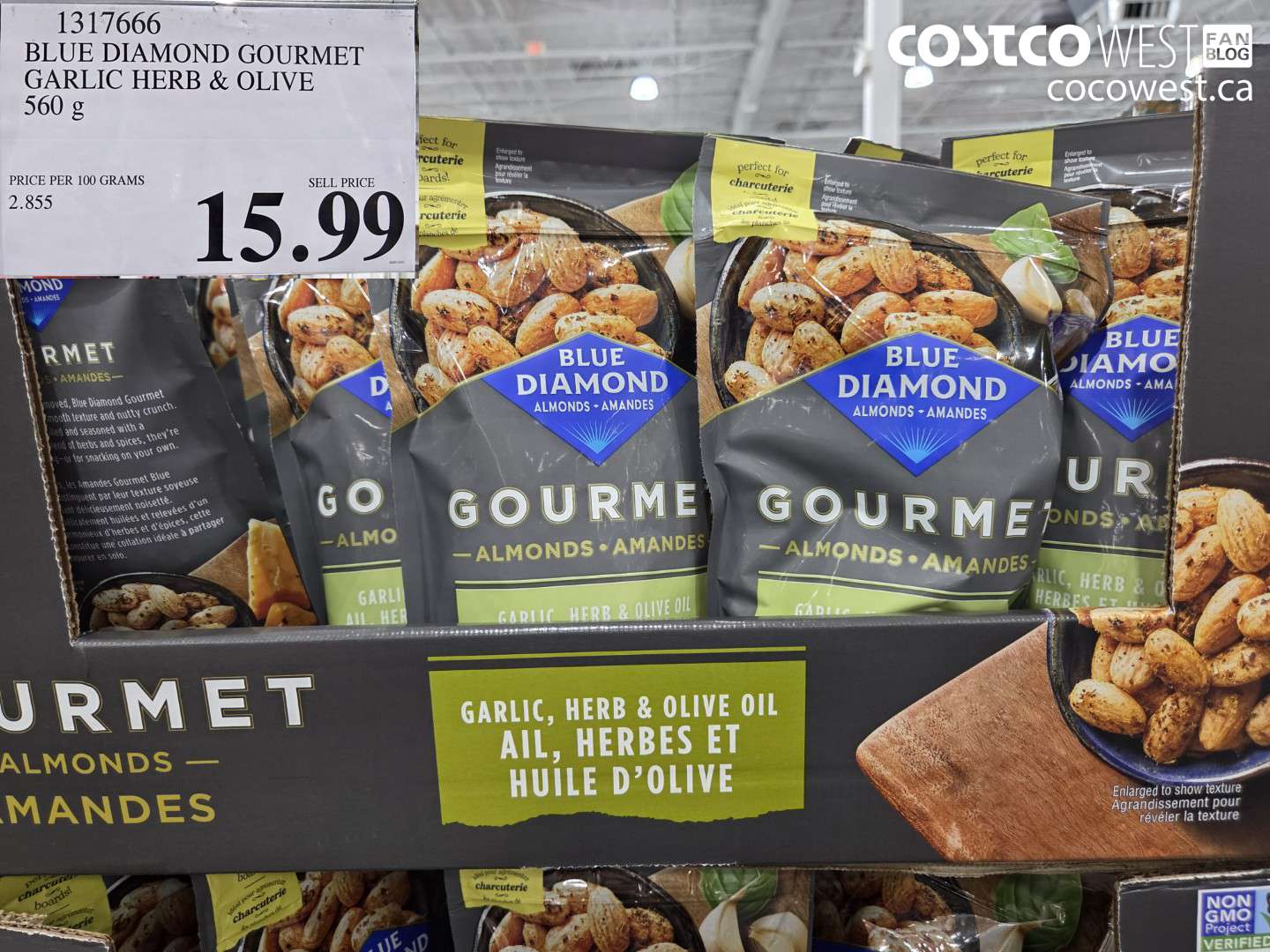 1317666 BLUE DIAMOND GARLIC GOURMET ALMONDS 20 OZ $15.99