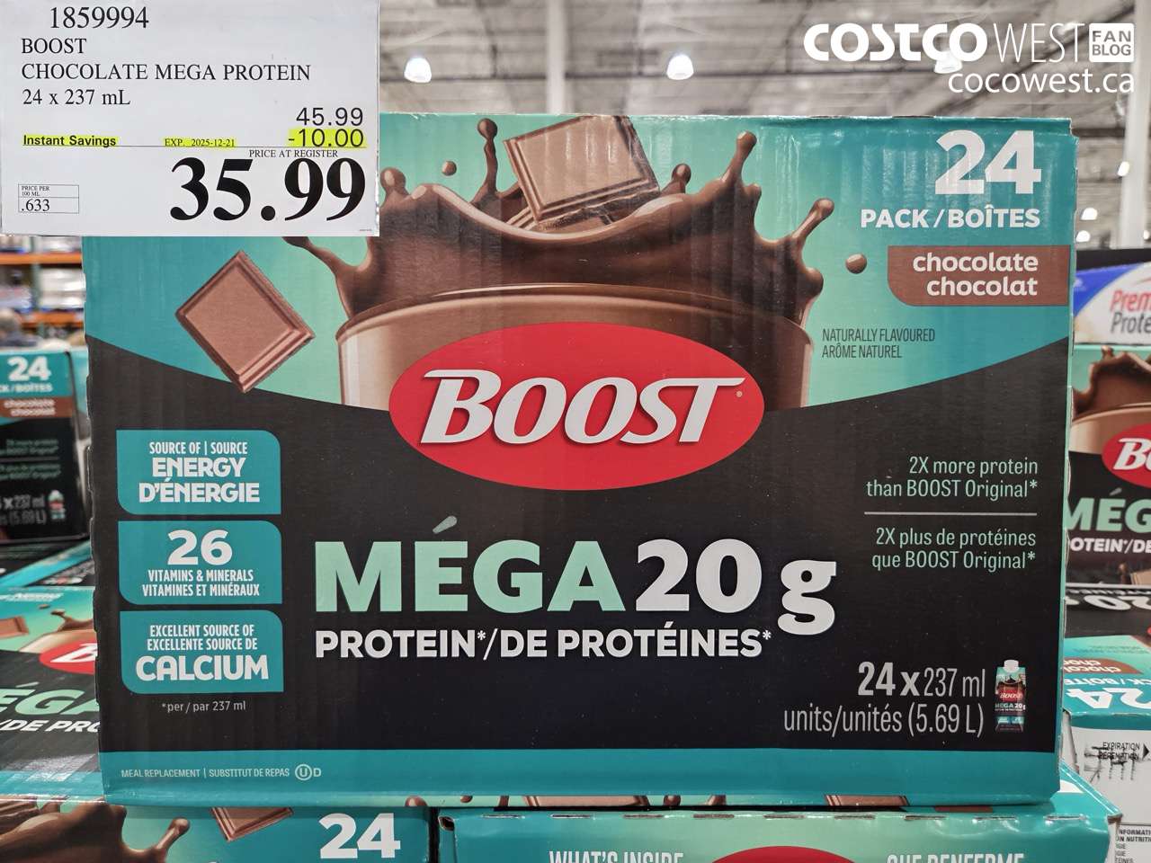 1859994 BOOST MEGA PROTEIN CHOCOLATE 24 X 237ML ($10.00 INSTANT SAVINGS EXPIRES ON 2025-12-21) $35.99