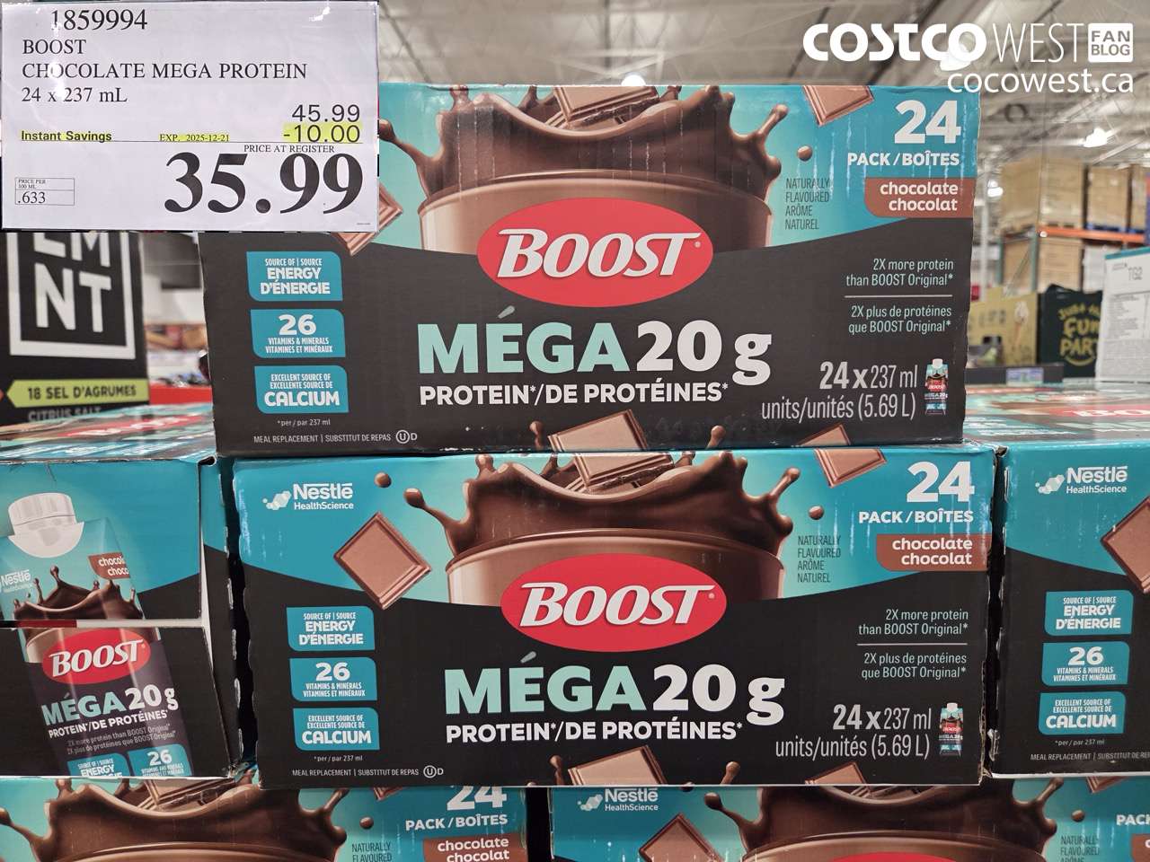 1859994 BOOST MEGA PROTEIN CHOCOLATE 24 X 237ML ($10.00 INSTANT SAVINGS EXPIRES ON 2025-12-21) $35.99