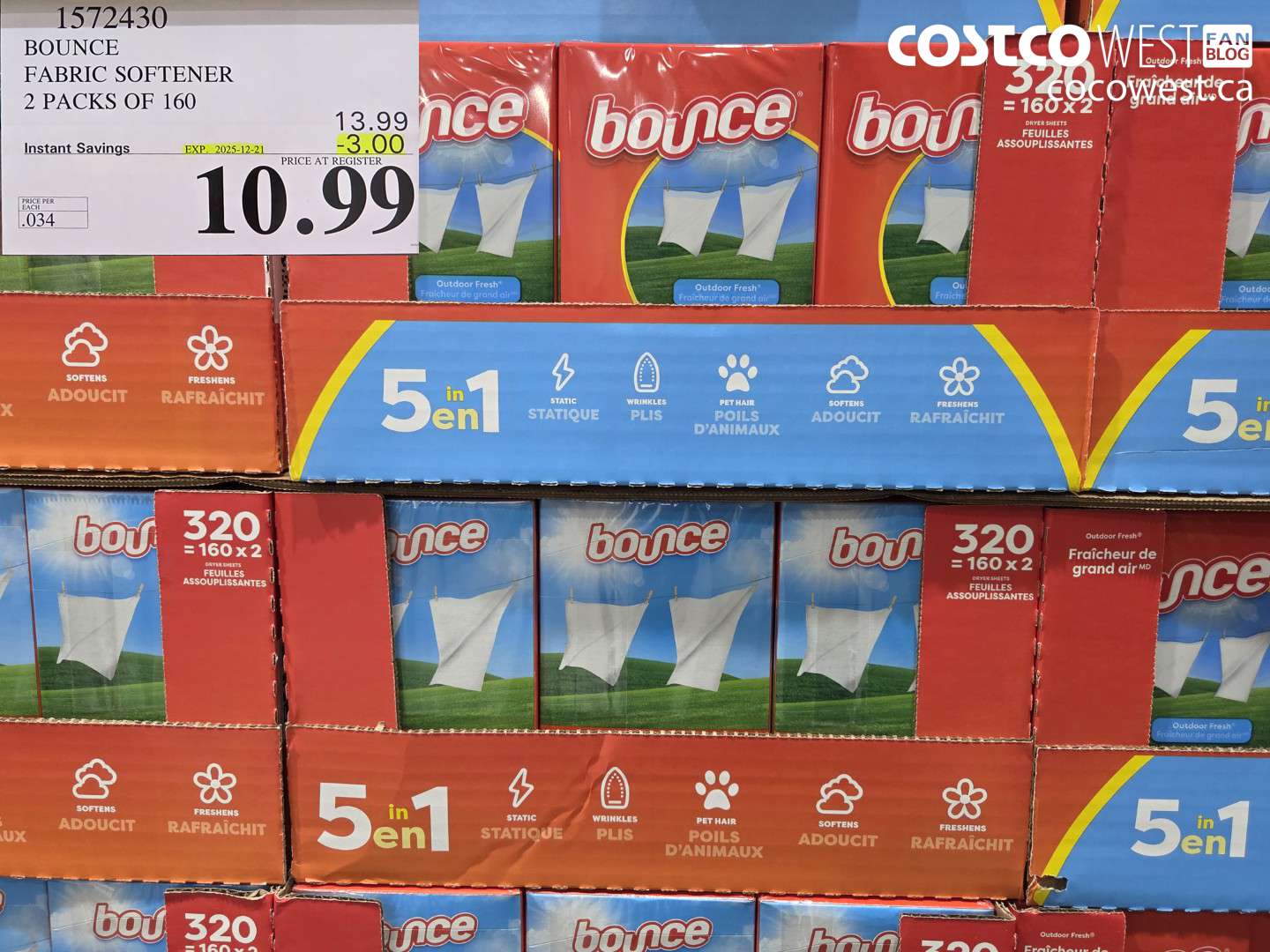 1572430 BOUNCE FABRIC SOFTENER 2 X 160 SHEETS ($3.00 INSTANT SAVINGS EXPIRES ON 2025-12-21) $10.99