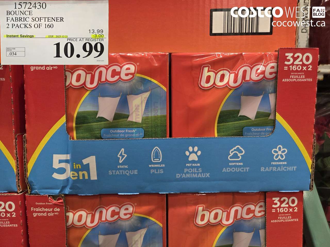 1572430 BOUNCE FABRIC SOFTENER 2 X 160 SHEETS ($3.00 INSTANT SAVINGS EXPIRES ON 2025-12-21) $10.99