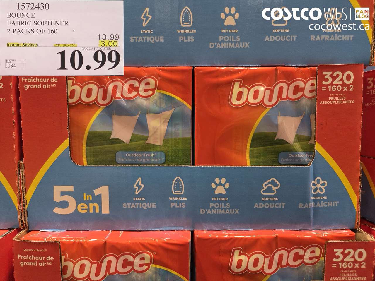 1572430 BOUNCE FABRIC SOFTENER 2 X 160 SHEETS ($3.00 INSTANT SAVINGS EXPIRES ON 2025-12-21) $10.99