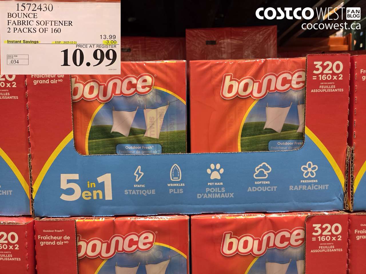 1572430 BOUNCE FABRIC SOFTENER 2 X 160 SHEETS ($3.00 INSTANT SAVINGS EXPIRES ON 2025-12-21) $10.99