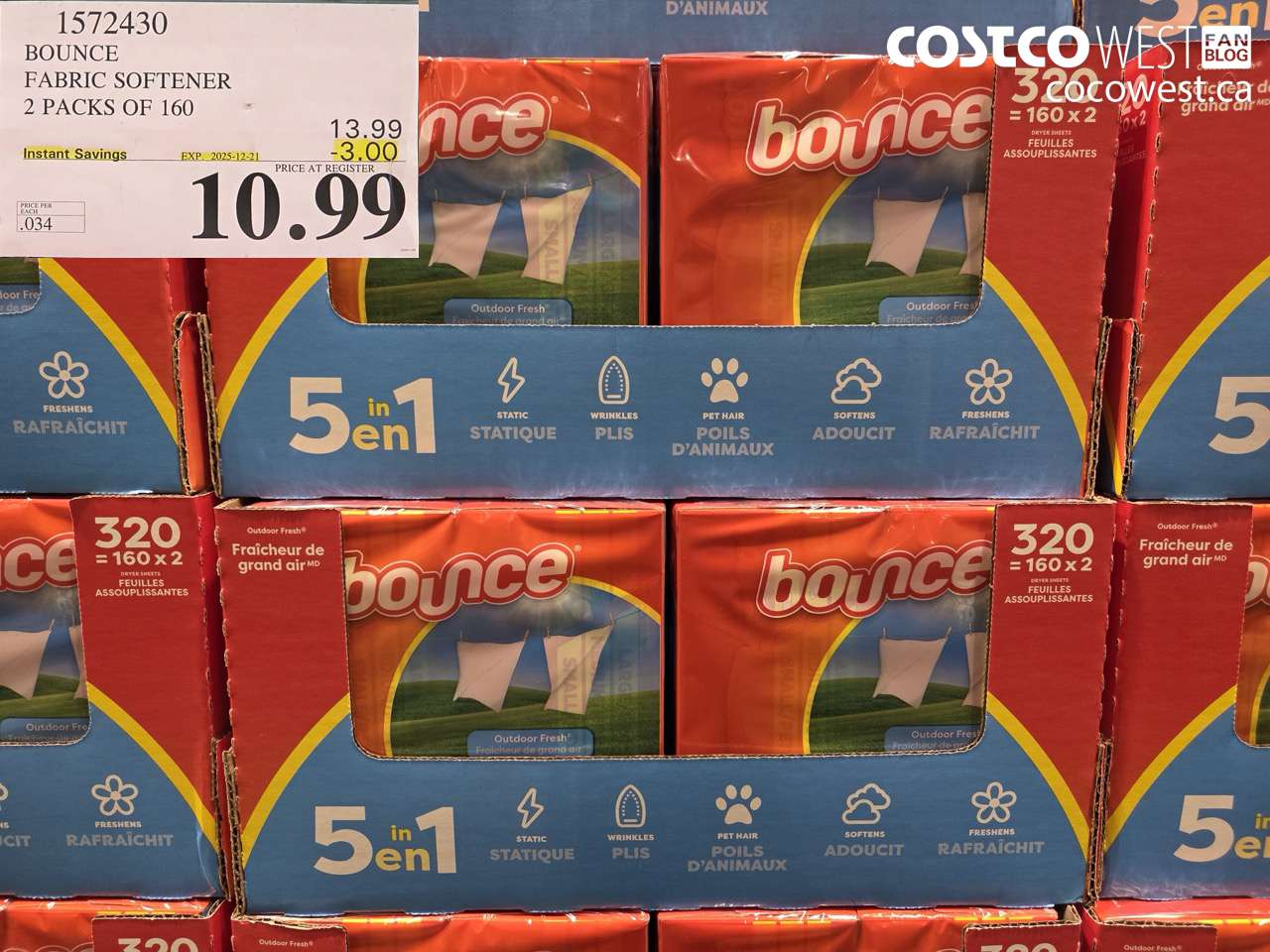1572430 BOUNCE FABRIC SOFTENER 2 X 160 SHEETS ($3.00 INSTANT SAVINGS EXPIRES ON 2025-12-21) $10.99
