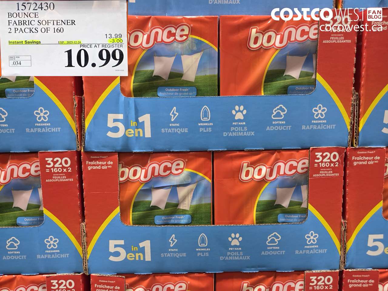 1572430 BOUNCE FABRIC SOFTENER 2 X 160 SHEETS ($3.00 INSTANT SAVINGS EXPIRES ON 2025-12-24) $10.99