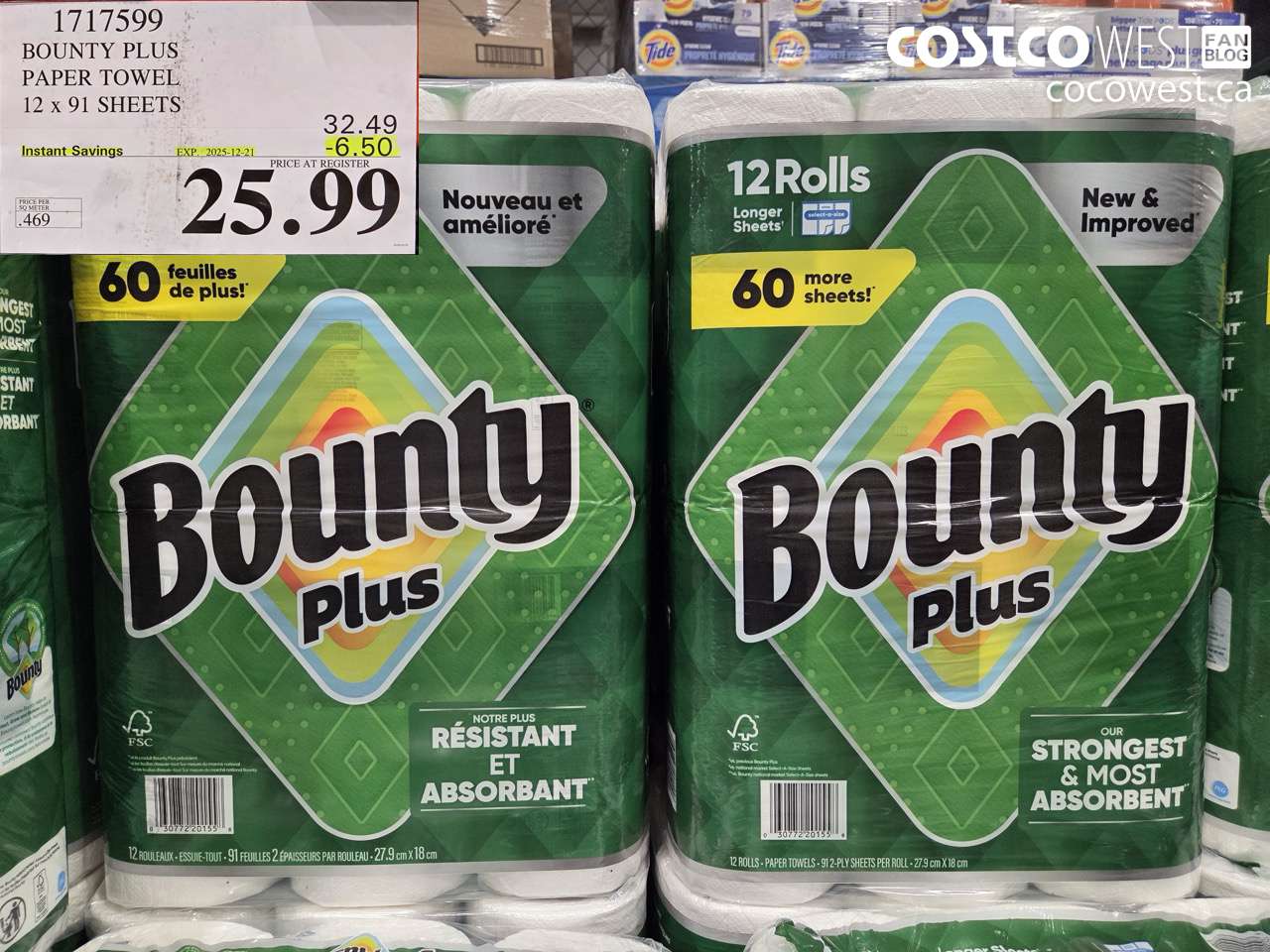1717599 BOUNTY PLUS PAPER TOWEL 12 X 91 SHEETS ($6.50 INSTANT SAVINGS EXPIRES ON 2025-12-21) $25.99