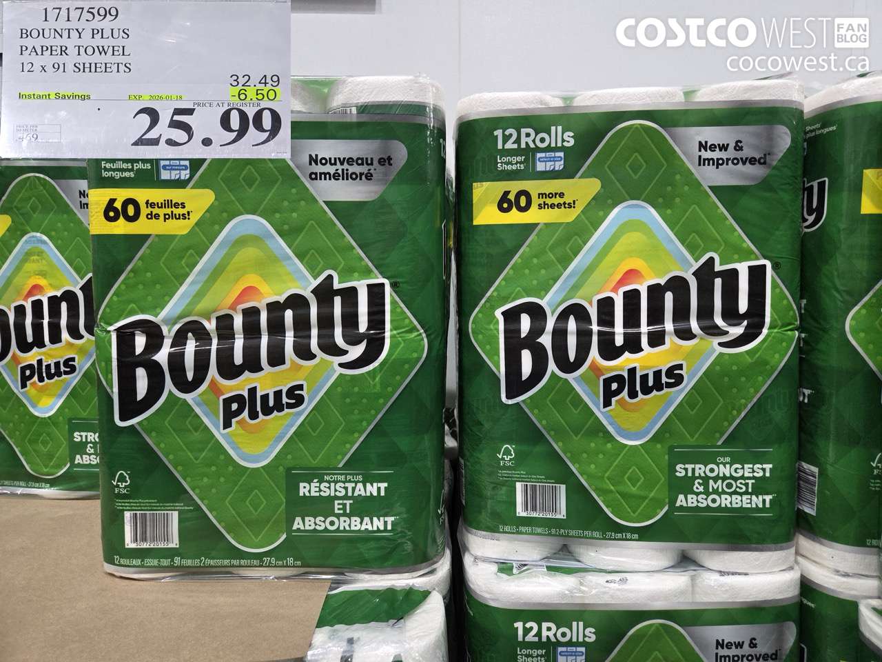 1717599 BOUNTY PLUS PAPER TOWEL 12 X 91 SHEETS ($6.50 INSTANT SAVINGS EXPIRES ON 2026-01-18) $25.99
