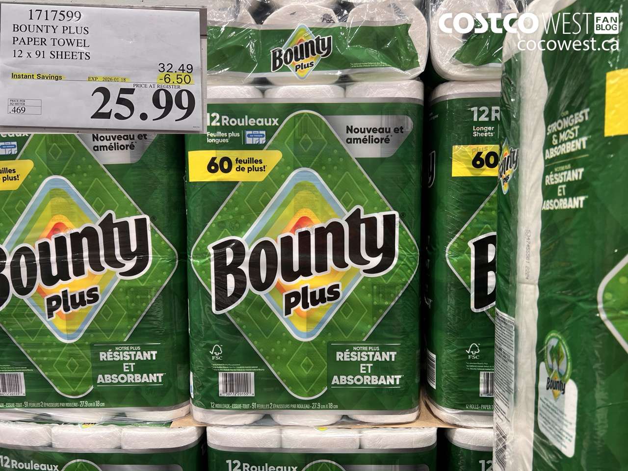 1717599 BOUNTY PLUS PAPER TOWEL 12 X 91 SHEETS ($6.50 INSTANT SAVINGS EXPIRES ON 2026-01-18) $25.99
