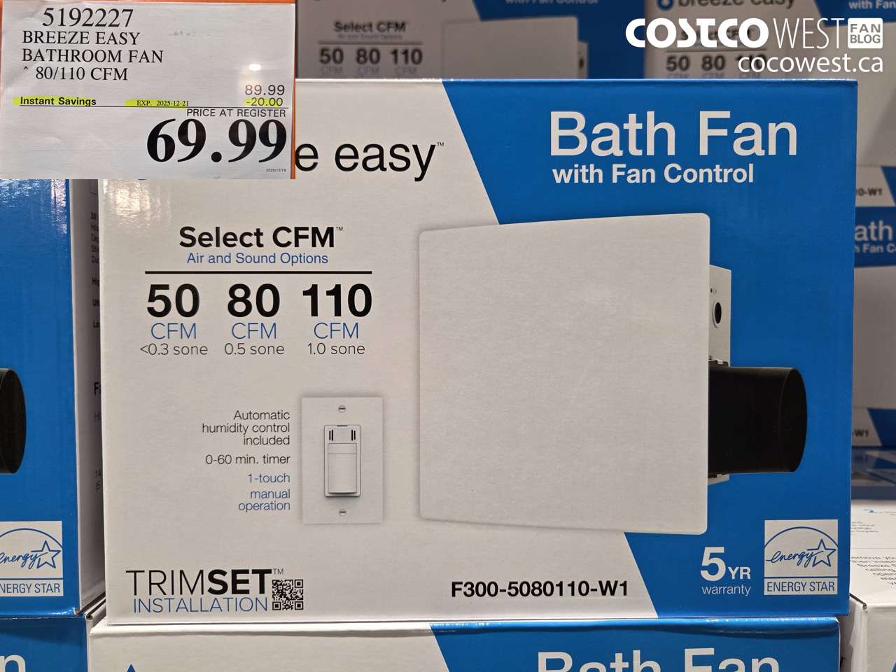 5192227 BREEZE EASY BATHROOM FAN 80/110 CFM ($20.00 INSTANT SAVINGS EXPIRES ON 2025-12-21) $69.99