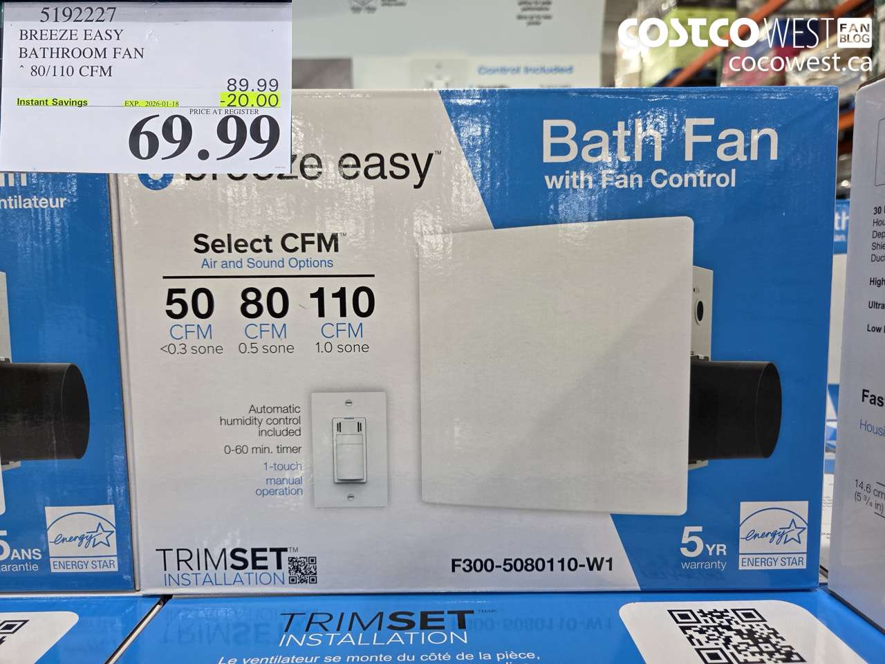 5192227 BREEZE EASY BATHROOM FAN 80/110 CFM ($20.00 INSTANT SAVINGS EXPIRES ON 2026-01-18) $69.99