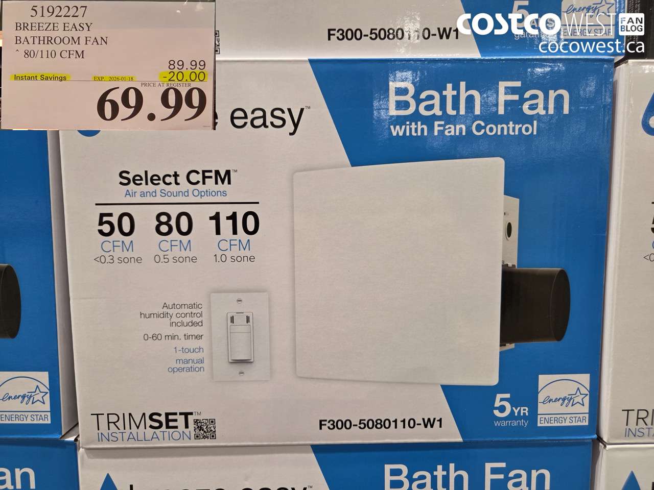 5192227 BREEZE EASY BATHROOM FAN 80/110 CFM ($20.00 INSTANT SAVINGS EXPIRES ON 2026-01-18) $69.99