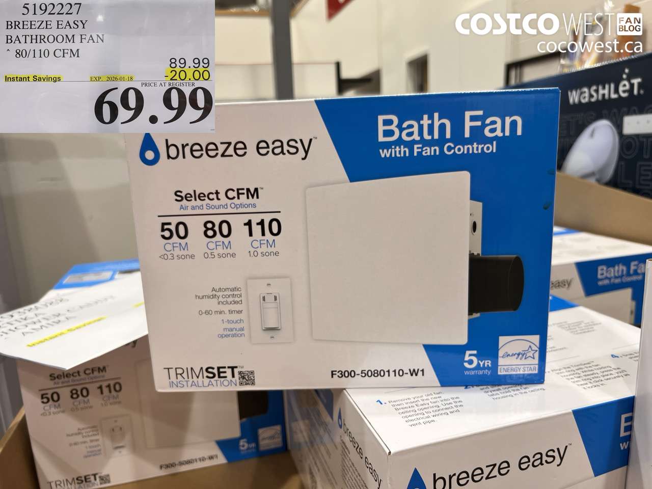 5192227 BREEZE EASY BATHROOM FAN 80/110 CFM ($20.00 INSTANT SAVINGS EXPIRES ON 2026-01-18) $69.99