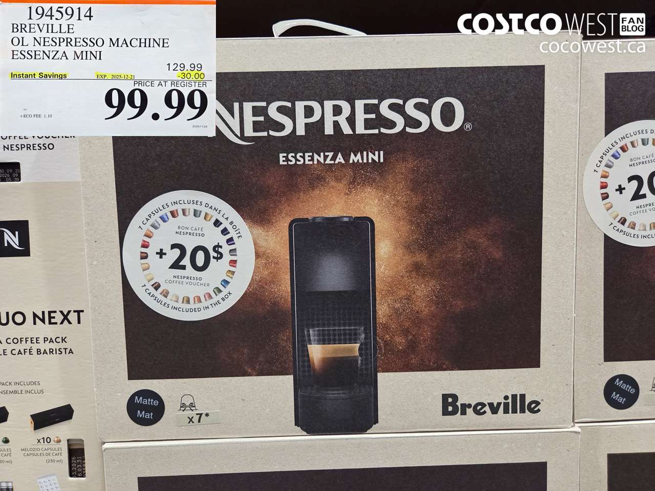 1945914 BREVILLE OL NESPRESSO MACHINE ESSENZA MINI ($30.00 INSTANT SAVINGS EXPIRES ON 2025-12-21) $99.99