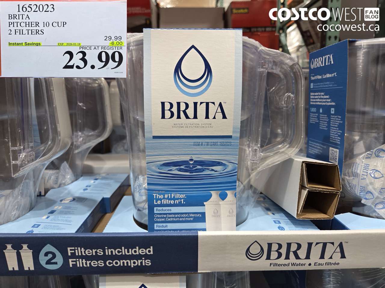 1652023 BRITA PITCHER 10 CUP 2 FILTERS ($6.00 INSTANT SAVINGS EXPIRES ON 2026-01-18) $23.99