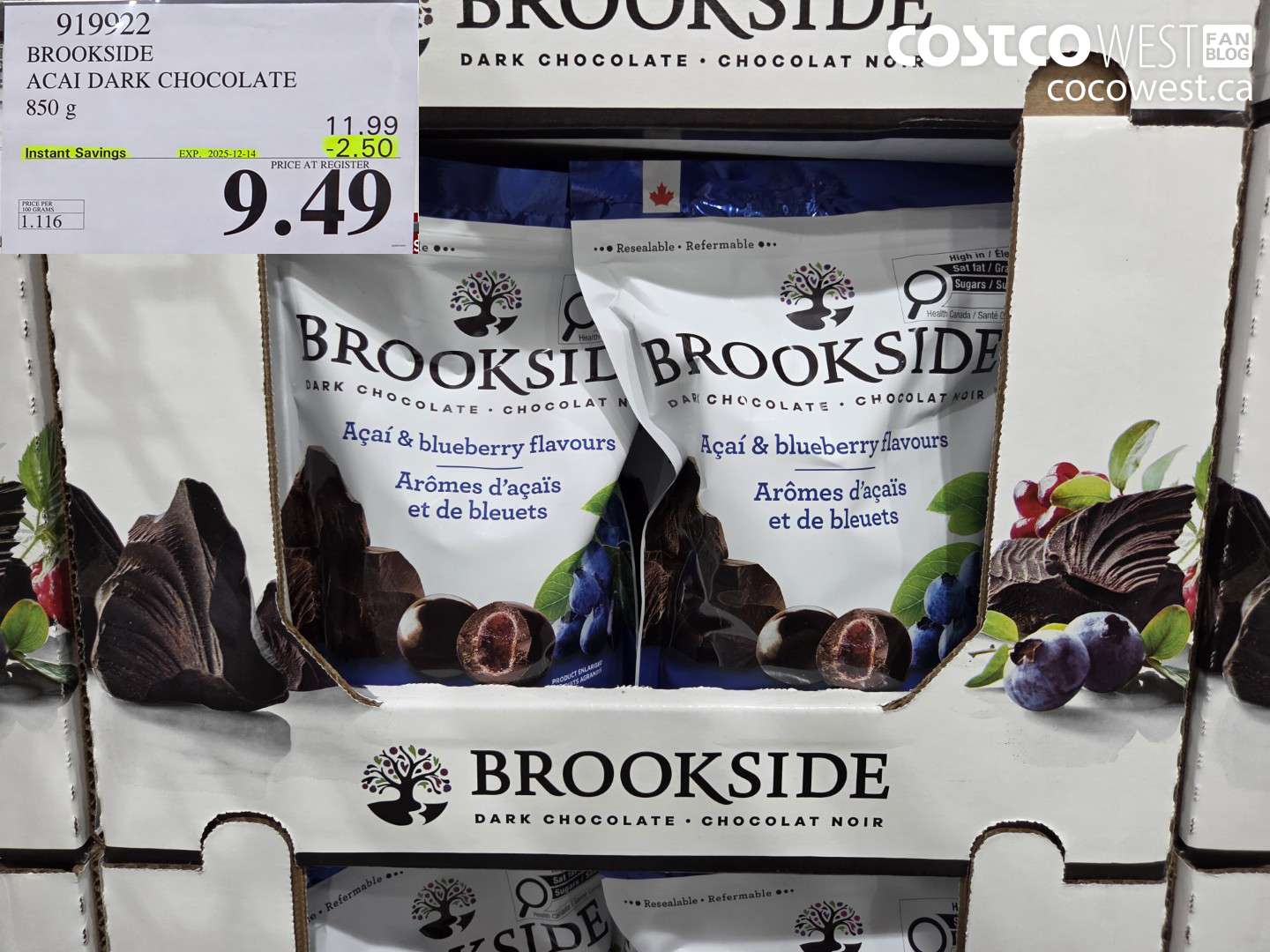 919922 BROOKSIDE ACAI DARK CHOCOLATE 850 g ($2.50 INSTANT SAVINGS EXPIRES ON 2025-12-14) $9.49