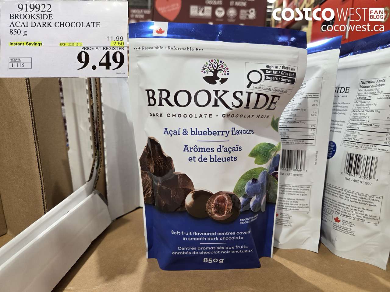 919922 BROOKSIDE ACAI DARK CHOCOLATE 850 g ($2.50 INSTANT SAVINGS EXPIRES ON 2025-12-14) $9.49