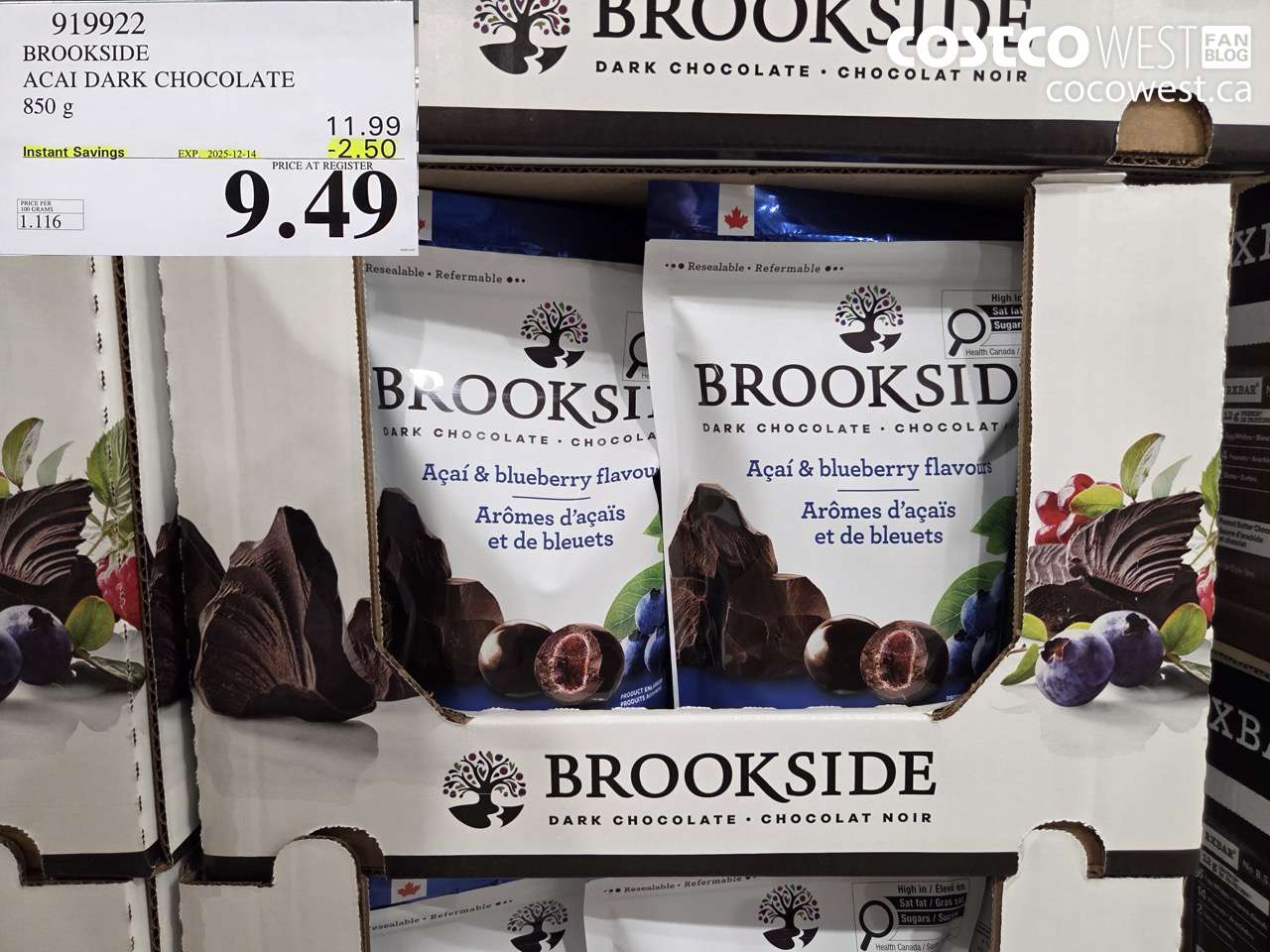 919922 BROOKSIDE ACAI DARK CHOCOLATE 850 g ($2.50 INSTANT SAVINGS EXPIRES ON 2025-12-14) $9.49