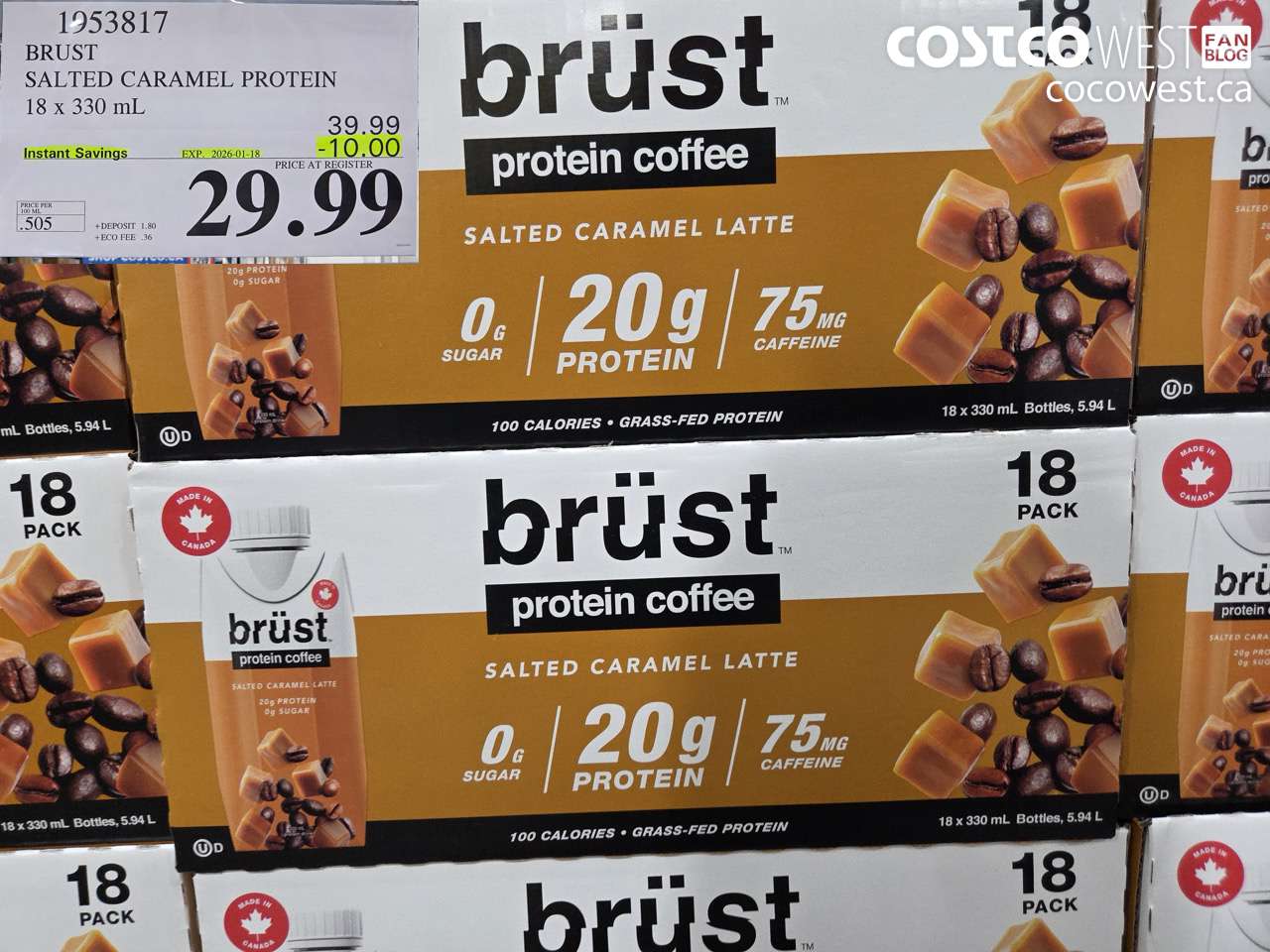 1953817 BRUST SALTED CARAMEL PROTEIN 18 X 330ML ($10.00 INSTANT SAVINGS EXPIRES ON 2026-01-18) $29.99