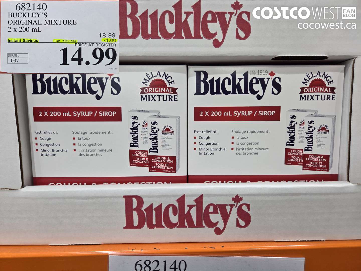 682140 BUCKLEY'S ORIGINAL MIXTURE 2 X 200ML ($4.00 INSTANT SAVINGS EXPIRES ON 2025-12-14) $14.99