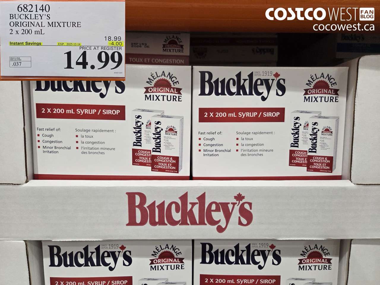 682140 BUCKLEY'S ORIGINAL MIXTURE 2 X 200ML ($4.00 INSTANT SAVINGS EXPIRES ON 2025-12-14) $14.99