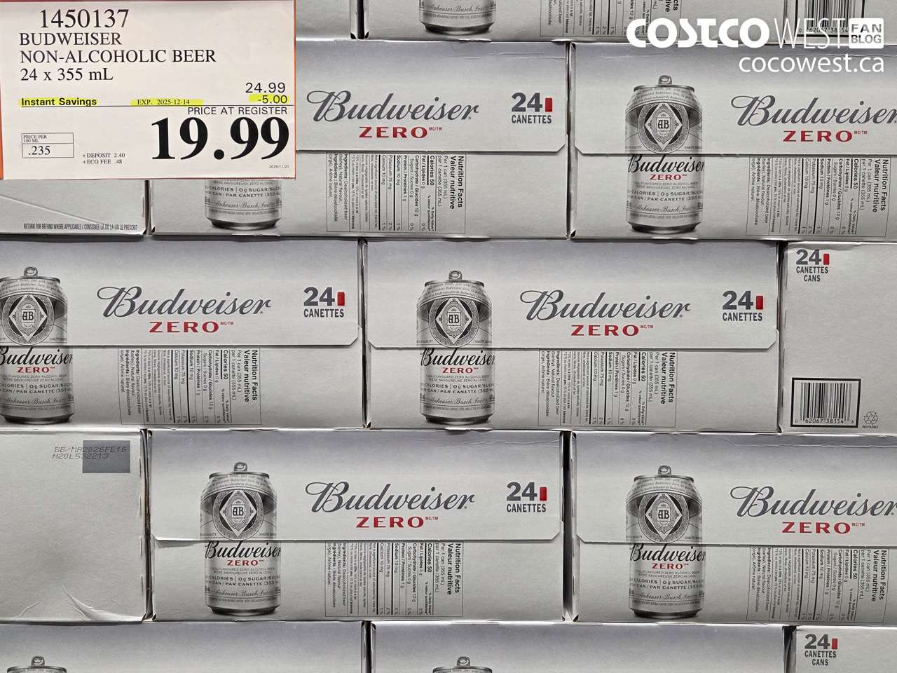 1450137 BUDWEISER 0.0% 24 x 355 mL ($5.00 INSTANT SAVINGS EXPIRES ON 2025-12-14) $19.99