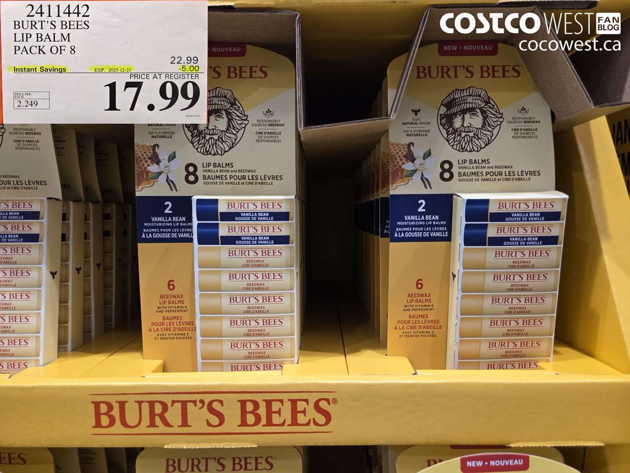 2411442 BURT'S BEES LIP BALM PACK OF 8 ($5.00 INSTANT SAVINGS EXPIRES ON 2025-12-21) $17.99