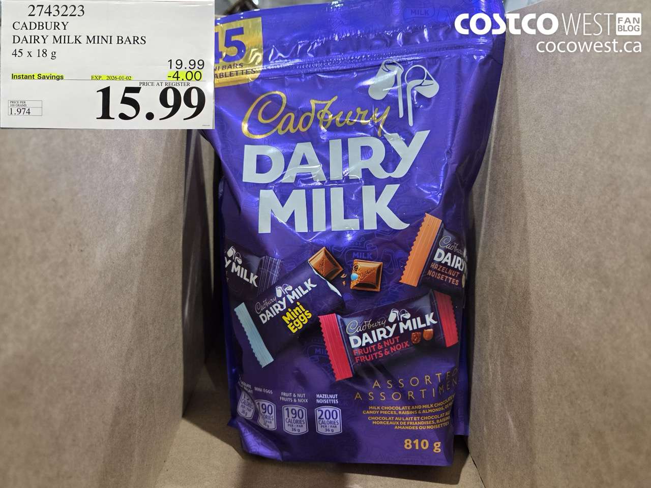 2743223 CADBURY DAIRY MILK MINI BARS 45 X 18 G ($4.00 INSTANT SAVINGS EXPIRES ON 2026-01-02) $15.99