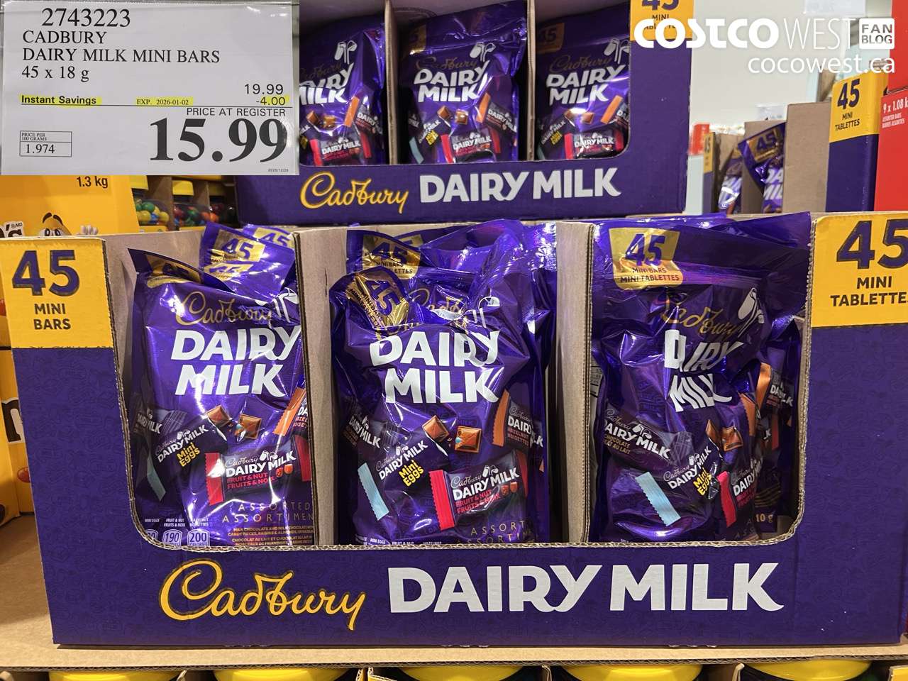 2743223 CADBURY DAIRY MILK MINI BARS 45 X 18 G ($4.00 INSTANT SAVINGS EXPIRES ON 2026-01-02) $15.99
