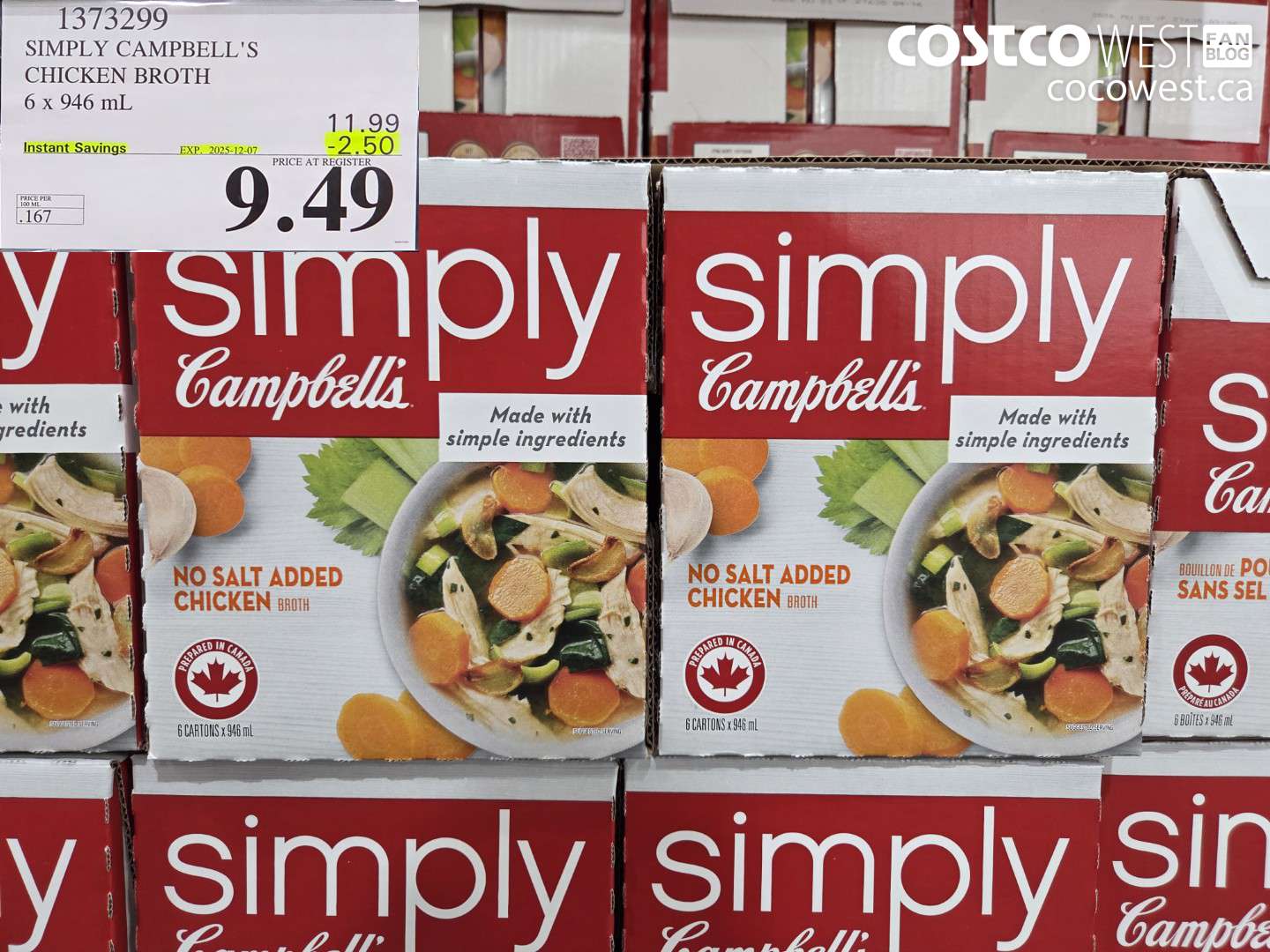 1373299 CAMPBELL'S SIMPLY CHICKEN BROTH 6 x 946 mL ($2.50 INSTANT SAVINGS EXPIRES ON 2025-12-07) $9.49