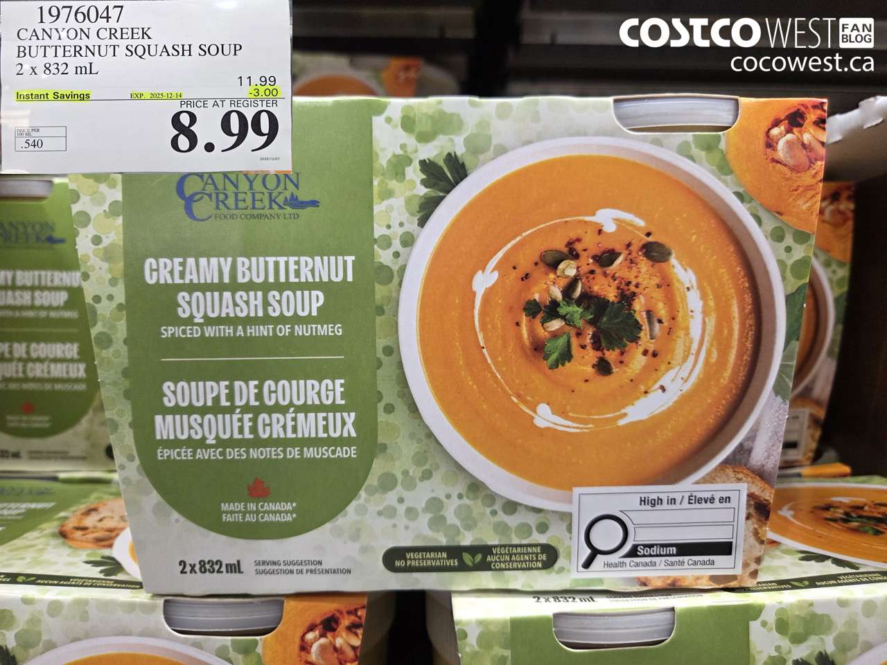1976047 CANYON CREEK BUTTERNUT SQUASH SOUP 2 x 823 mL ($3.00 INSTANT SAVINGS EXPIRES ON 2025-12-14) $8.99