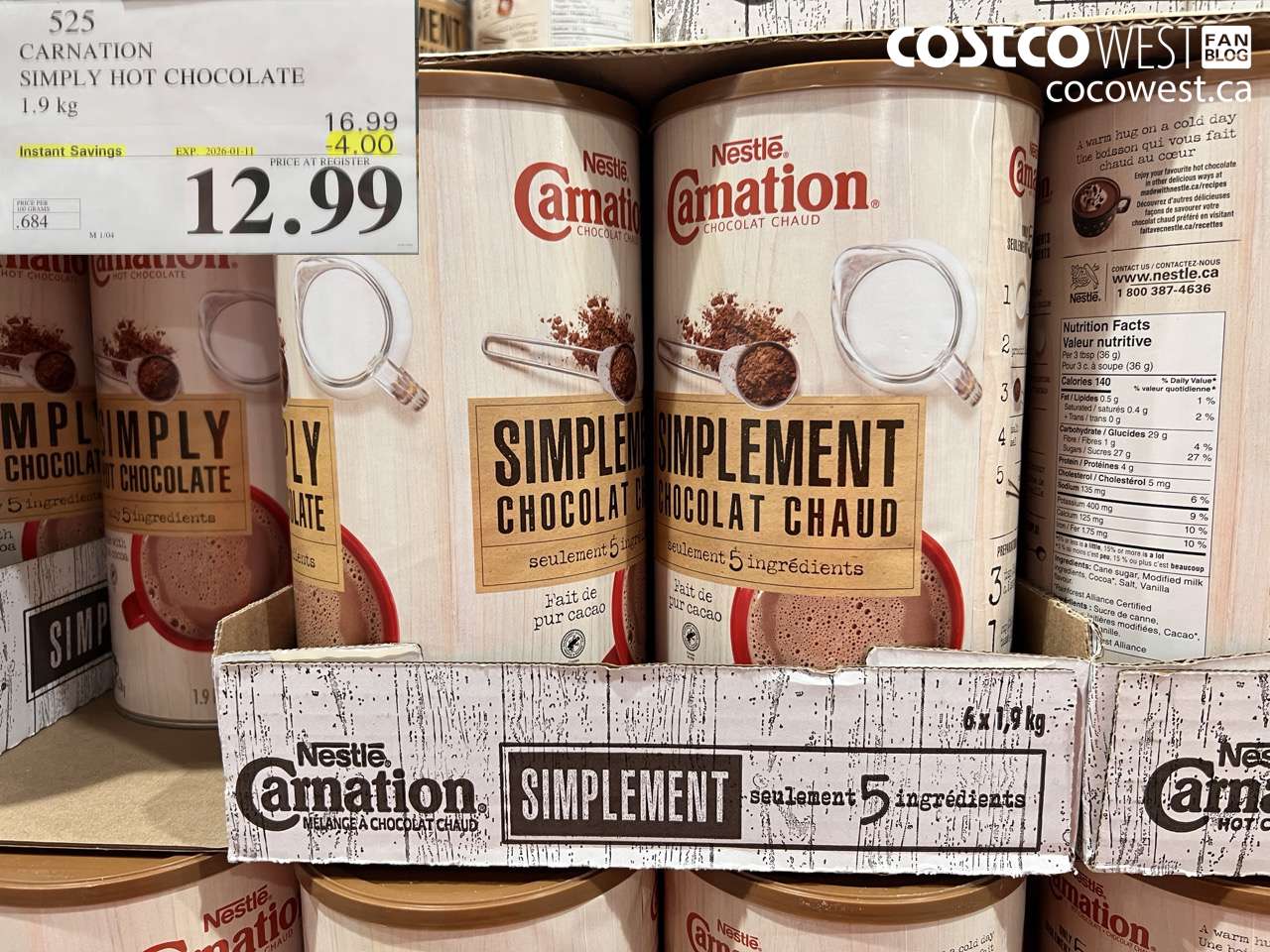 525 CARNATION 5 SIMPLE INGREDIENTS HOT CHOCOLATE 1.9 kg ($4.00 INSTANT SAVINGS EXPIRES ON 2026-01-11) $12.99