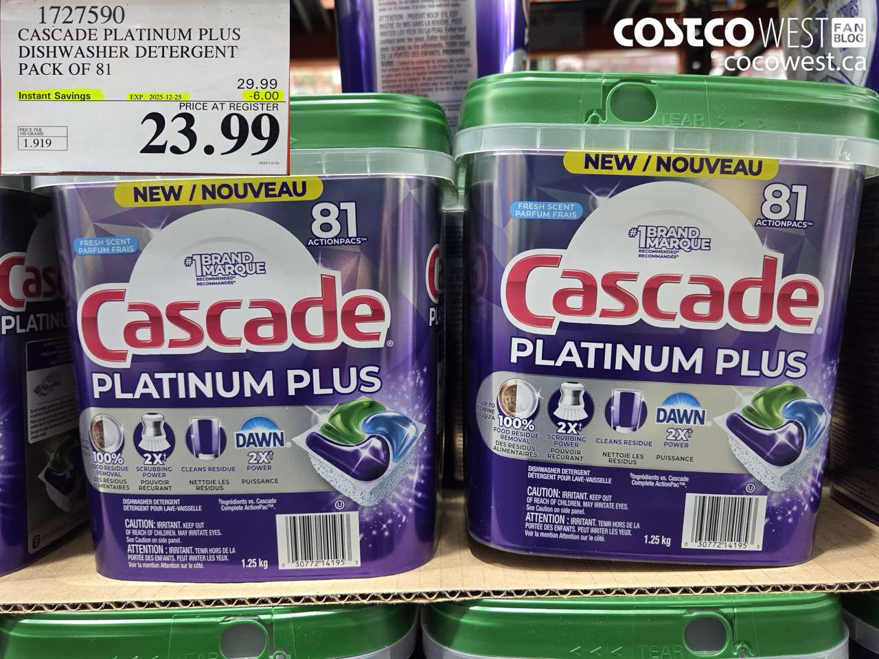 1727590 CASCADE PLATINUM PLUS DISHWASHER DETERGENT 81 TABS ($6.00 INSTANT SAVINGS EXPIRES ON 2025-12-25) $23.99