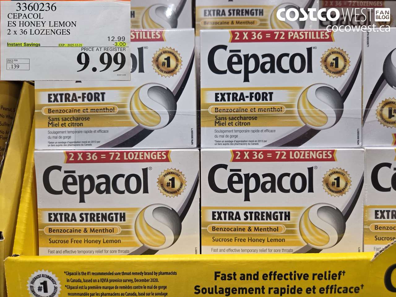 3360236 CEPACOL ES HONEY LEMON 2 X 36 LOZANGES ($3.00 INSTANT SAVINGS EXPIRES ON 2025-12-21) $9.99