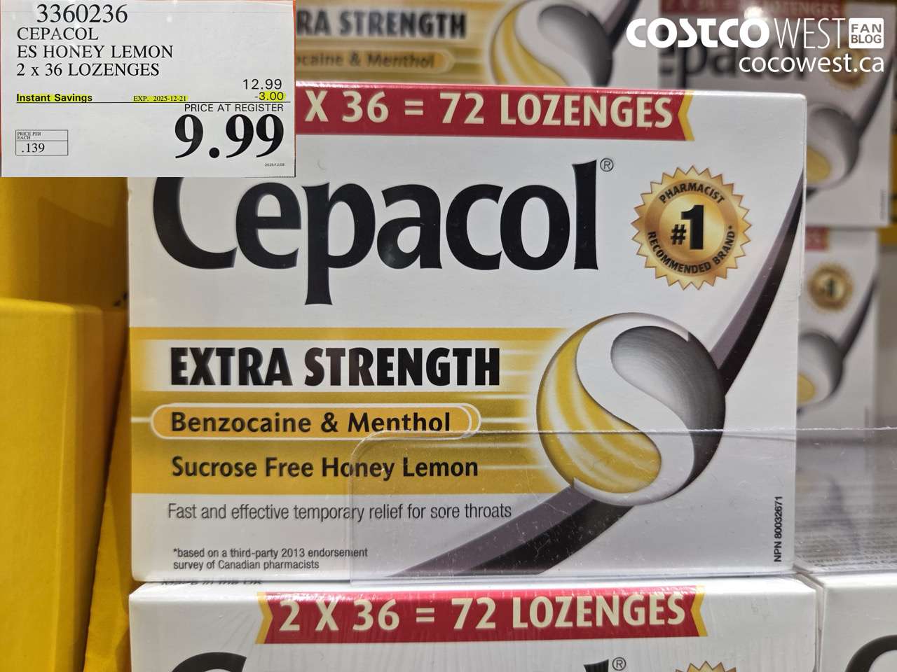 3360236 CEPACOL ES HONEY LEMON 2 X 36 LOZANGES ($3.00 INSTANT SAVINGS EXPIRES ON 2025-12-21) $9.99