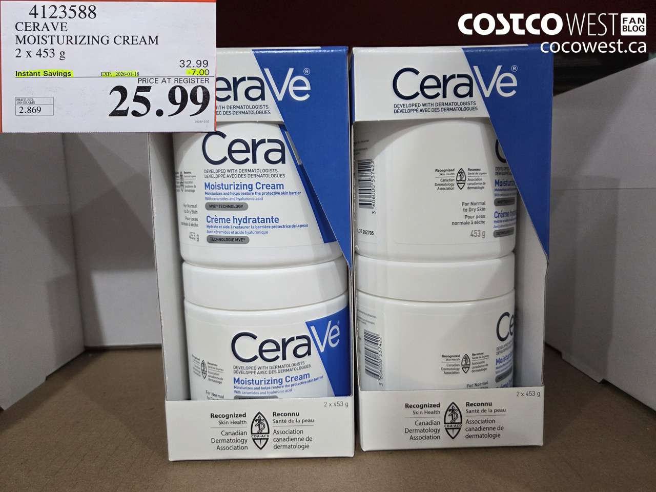 4123588 CERAVE MOISTURIZING CREAM 2 X 453G ($7.00 INSTANT SAVINGS EXPIRES ON 2026-01-18) $25.99