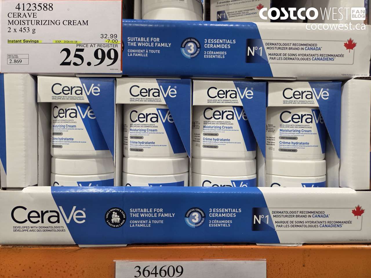 4123588 CERAVE MOISTURIZING CREAM 2 X 453G ($7.00 INSTANT SAVINGS EXPIRES ON 2026-01-18) $25.99