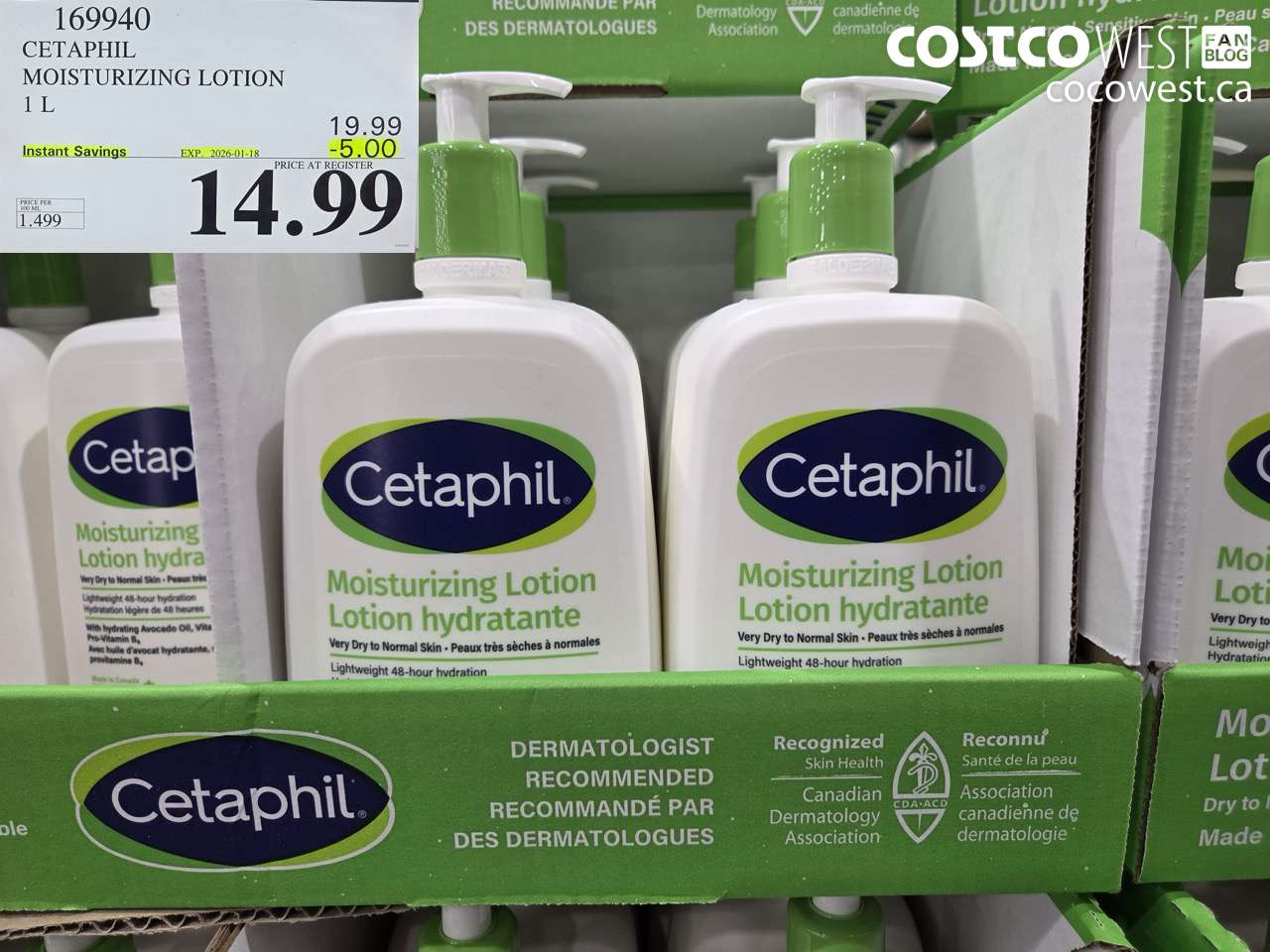 169940 CETAPHIL MOISTURIZING LOTION 1L ($5.00 INSTANT SAVINGS EXPIRES ON 2026-01-18) $14.99