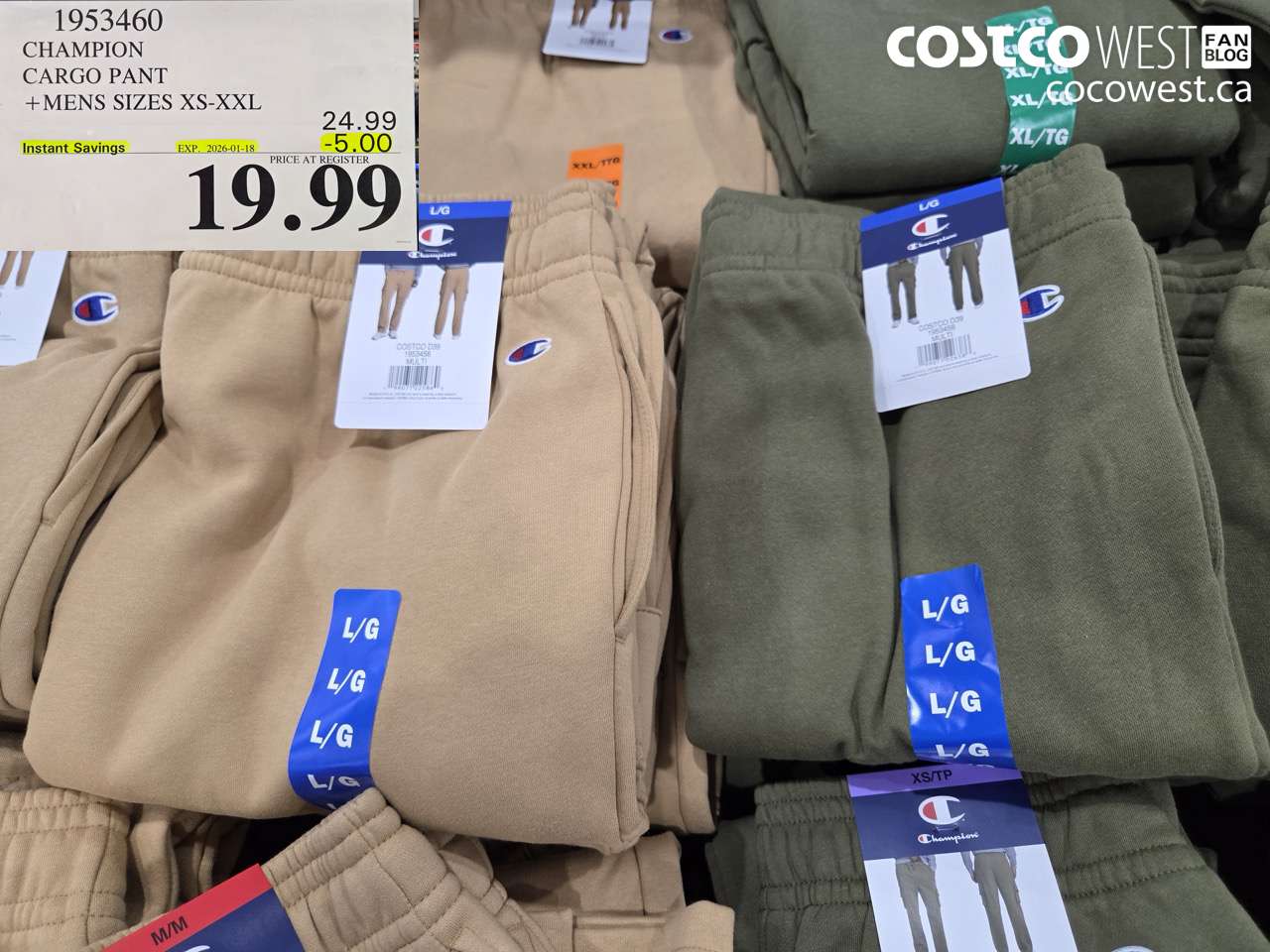 1953460 CHAMPION CARGO PANT MENS SIZES XS-XXL ($5.00 INSTANT SAVINGS EXPIRES ON 2026-01-18) $19.99