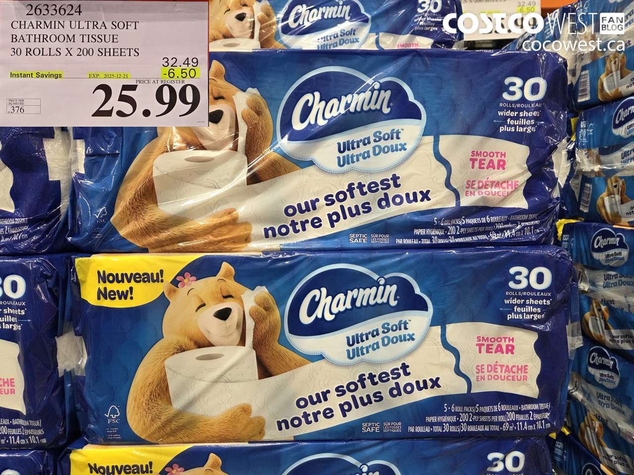 2633624 CHARMIN ULTRA SOFT BATHROOM TISSUE 30 ROLLS X 20 SHEETS ($6.50 INSTANT SAVINGS EXPIRES ON 2025-12-21) $25.99