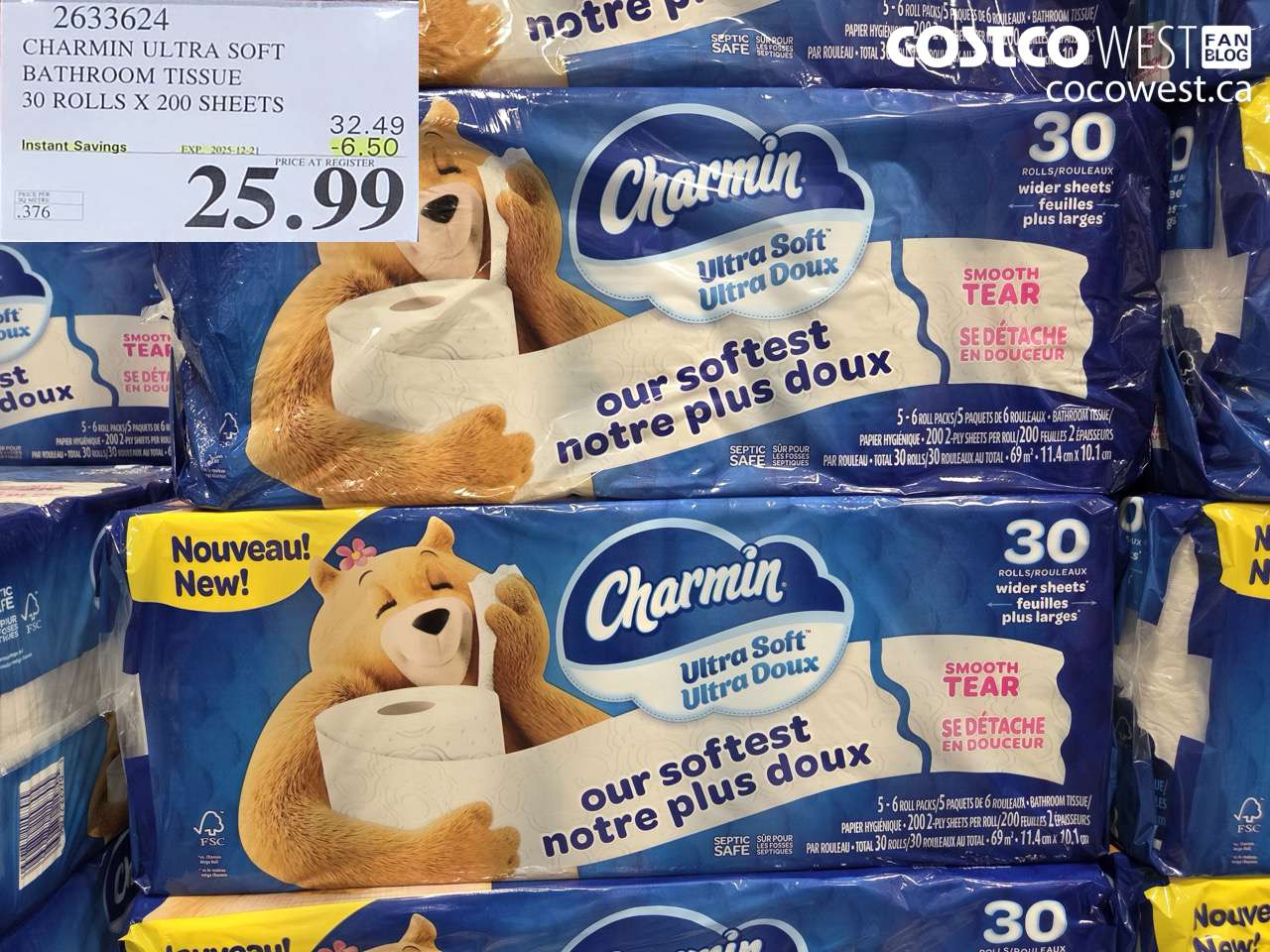 2633624 CHARMIN ULTRA SOFT BATHROOM TISSUE 30 ROLLS X 20 SHEETS ($6.50 INSTANT SAVINGS EXPIRES ON 2025-12-21) $25.99