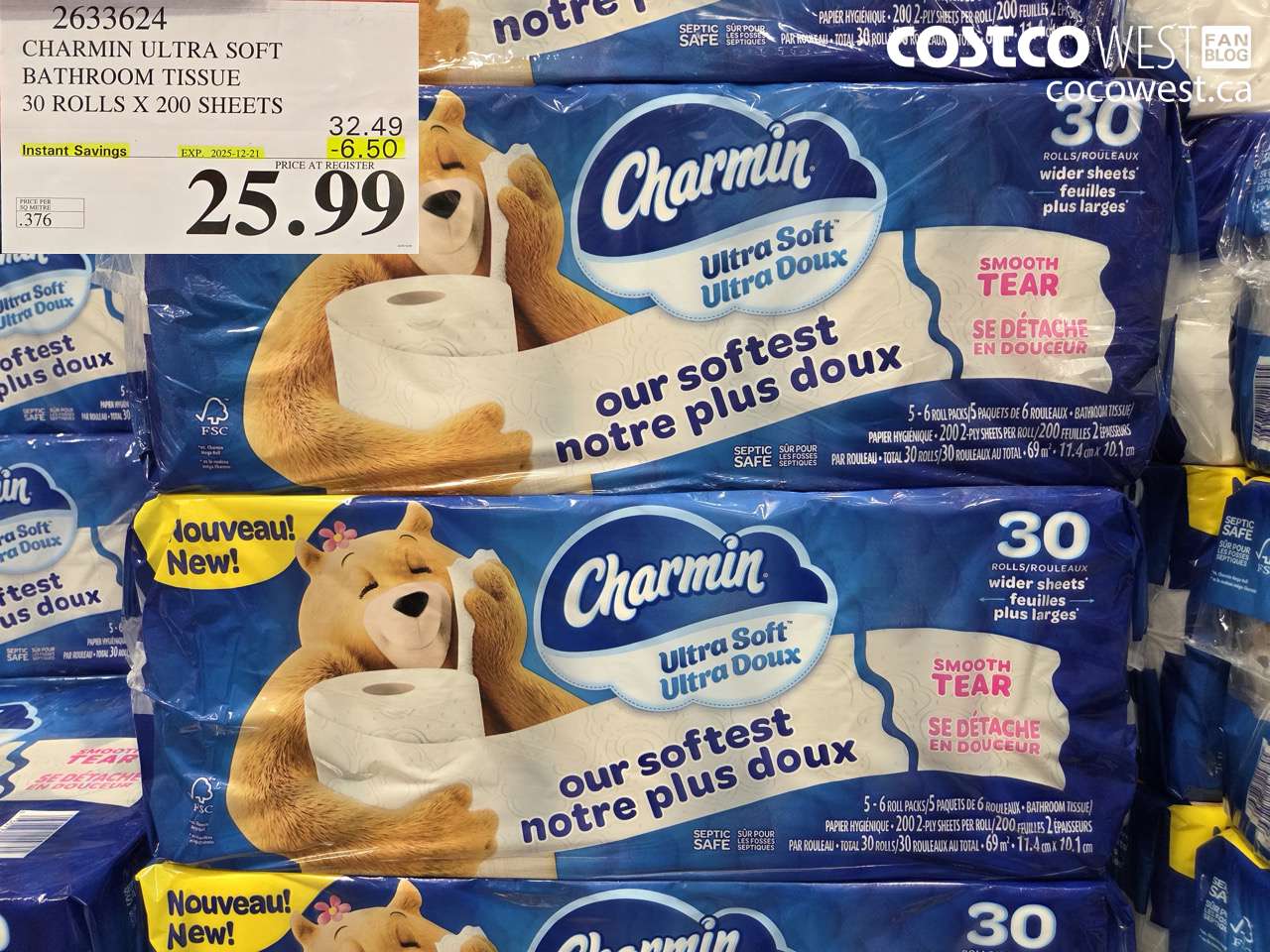 2633624 CHARMIN ULTRA SOFT BATHROOM TISSUE 30 ROLLS X 20 SHEETS ($6.50 INSTANT SAVINGS EXPIRES ON 2025-12-21) $25.99
